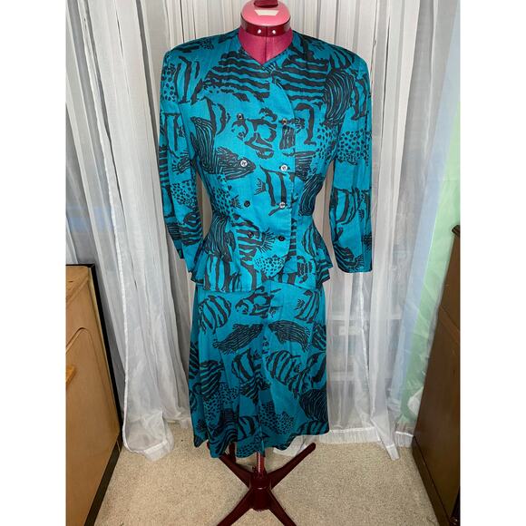suit swing skirt ruffle back vintage teal black fish print - Picture 1 of 16
